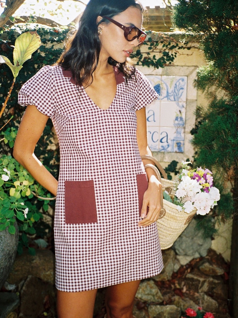 Checked Mini Dress with Patch Pockets in Red and White